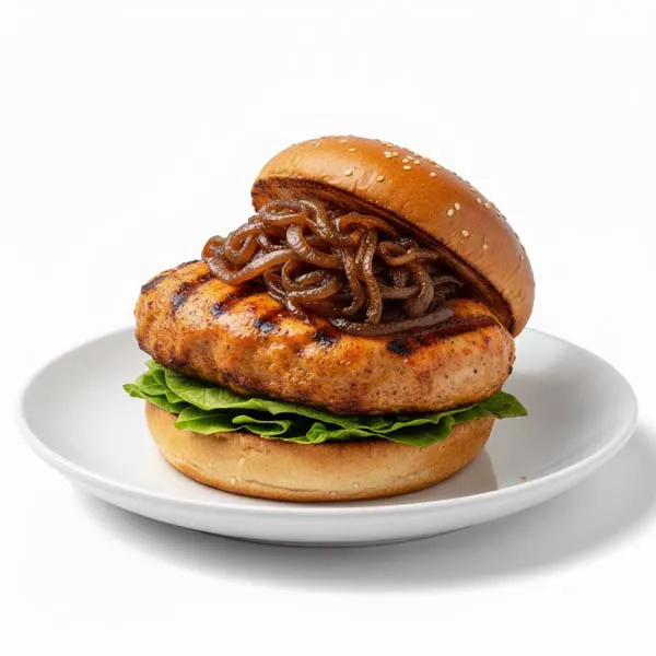 Harissa Honey Glazed Chicken Burger with Caramelized Onions